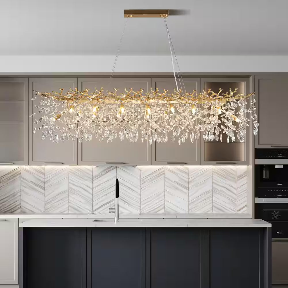 47.2 In. Modern 14-Lights Gold Luxury Crystal Linear Chandelier for Dining Room