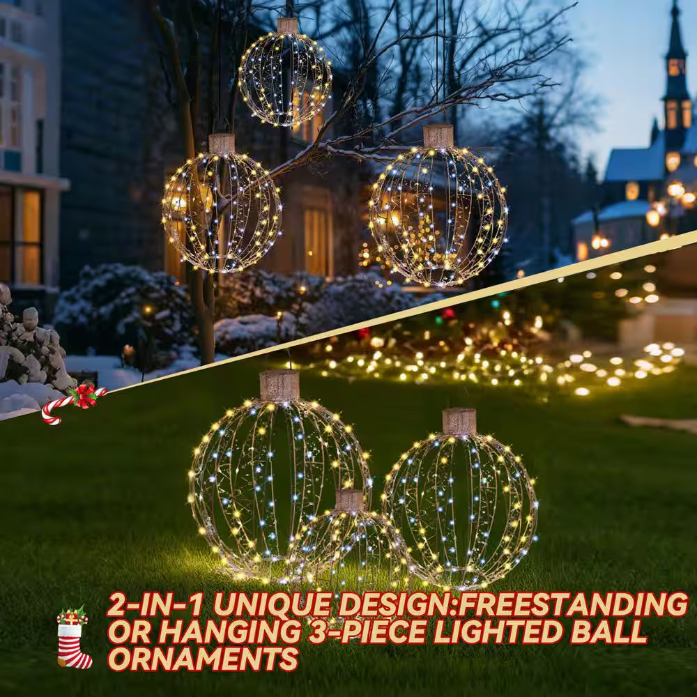 25 In. 3-Piece Outdoor Christmas Decoration Ornaments Set Pre-Lit Balls with White LED Lights