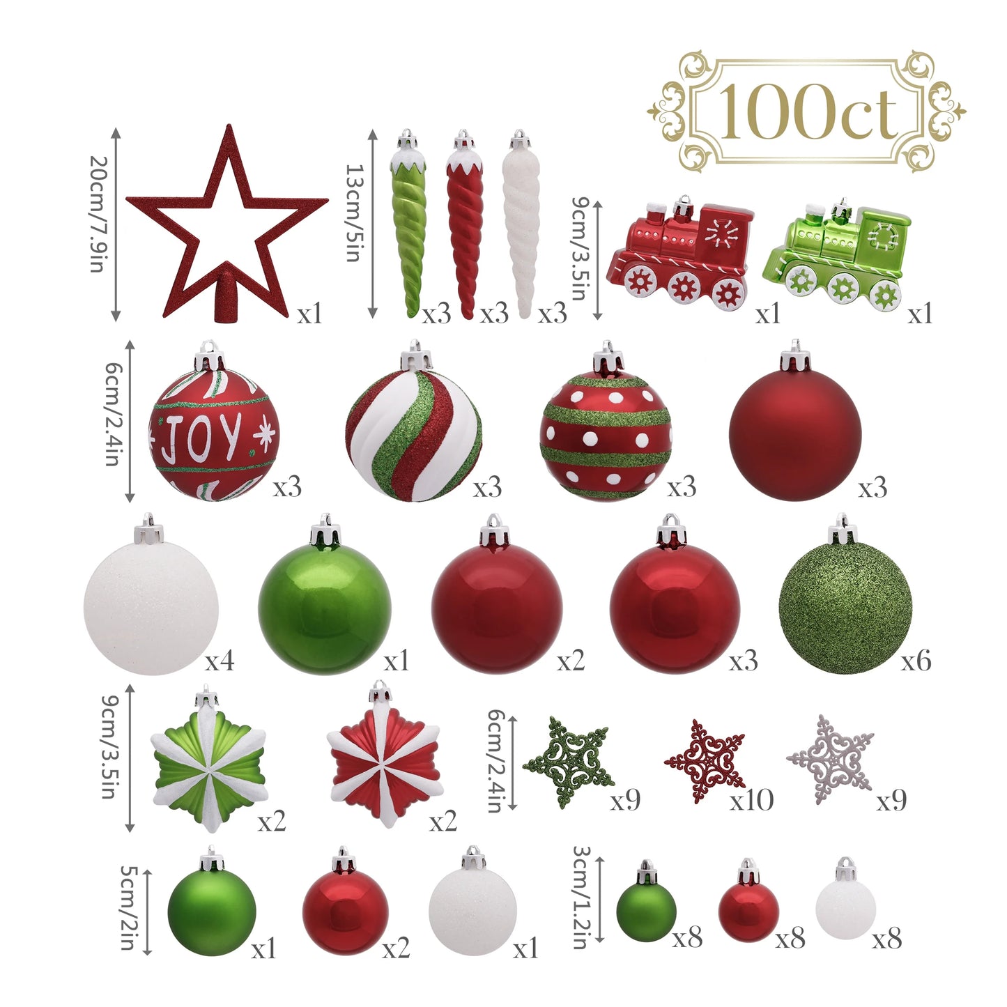 100Ct Christmas Ornaments Set, Red Green White Christmas Tree Ornaments for Party Decor
