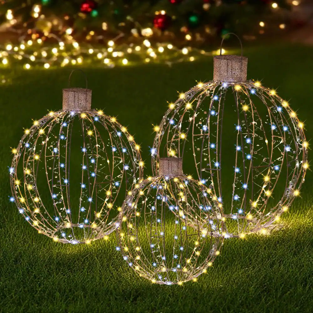 25 In. 3-Piece Outdoor Christmas Decoration Ornaments Set Pre-Lit Balls with White LED Lights
