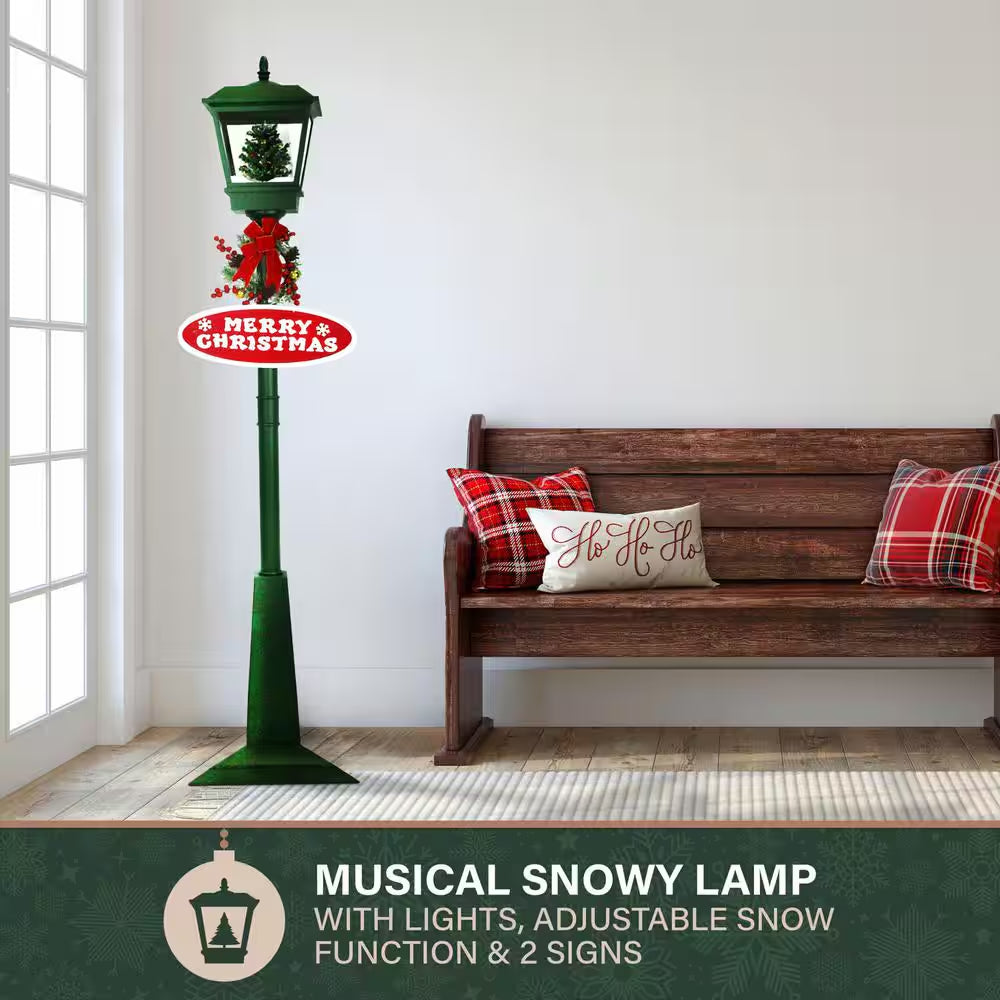 71 In. Green Christmas Square Street Lamp with Christmas Tree and Music