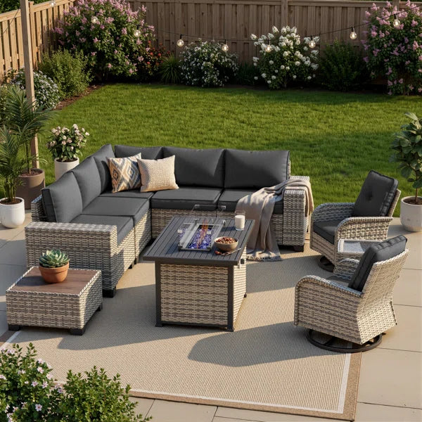 10-Piece Outdoor Patio Sectional Conversation Set With Fire Pit