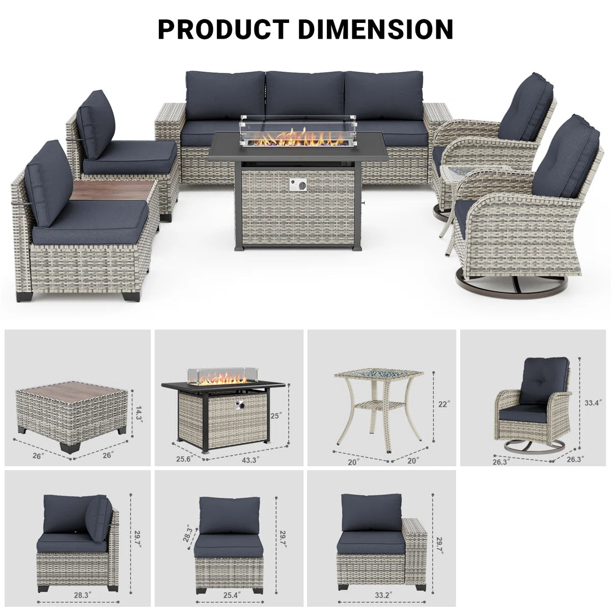 10-Piece Outdoor Patio Sectional Conversation Set With Fire Pit