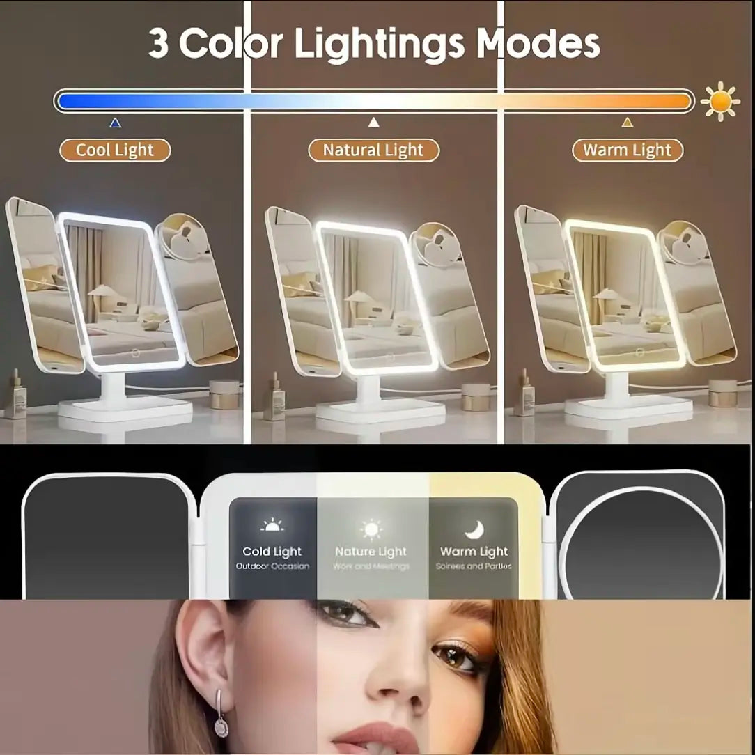 Portable LED Light Makeup Mirror, Lightedmakeup Mirror, Mirror with Lights, 3-Foldfoldable Rechargeable Mirror with 2X 3X &10X Magnification, Touch Control Mirror Fortravel & Bedroom Use, Rechargeable Trifoldmirror