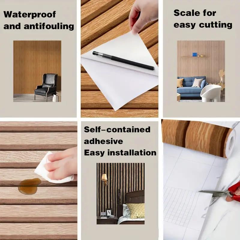 Wood Slat Pattern Wallpaper, 1 Count Self Adhesive Waterproof Wallpaper, Removable Vinyl Wall Decor for Bedroom, Living Room, Kitchen Decor