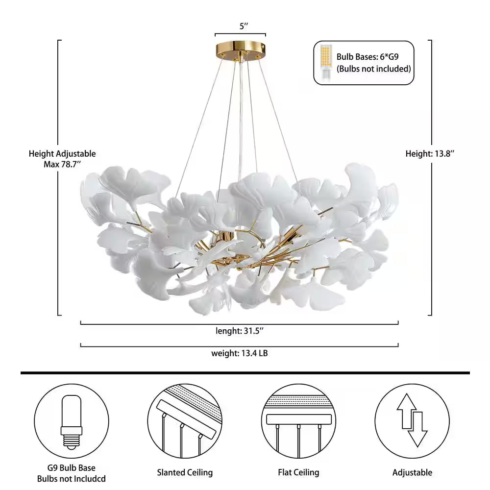6 Light Gold Chandelier, Luxury Ginkgo Branch Chandelier for Living Room, Dining Room, Foyer, Kitchen Island-L31 In.