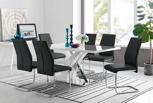 Edzard Chrome & White High Gloss Dining Table Set with 6 Luxury Faux Leather Dining Chairs