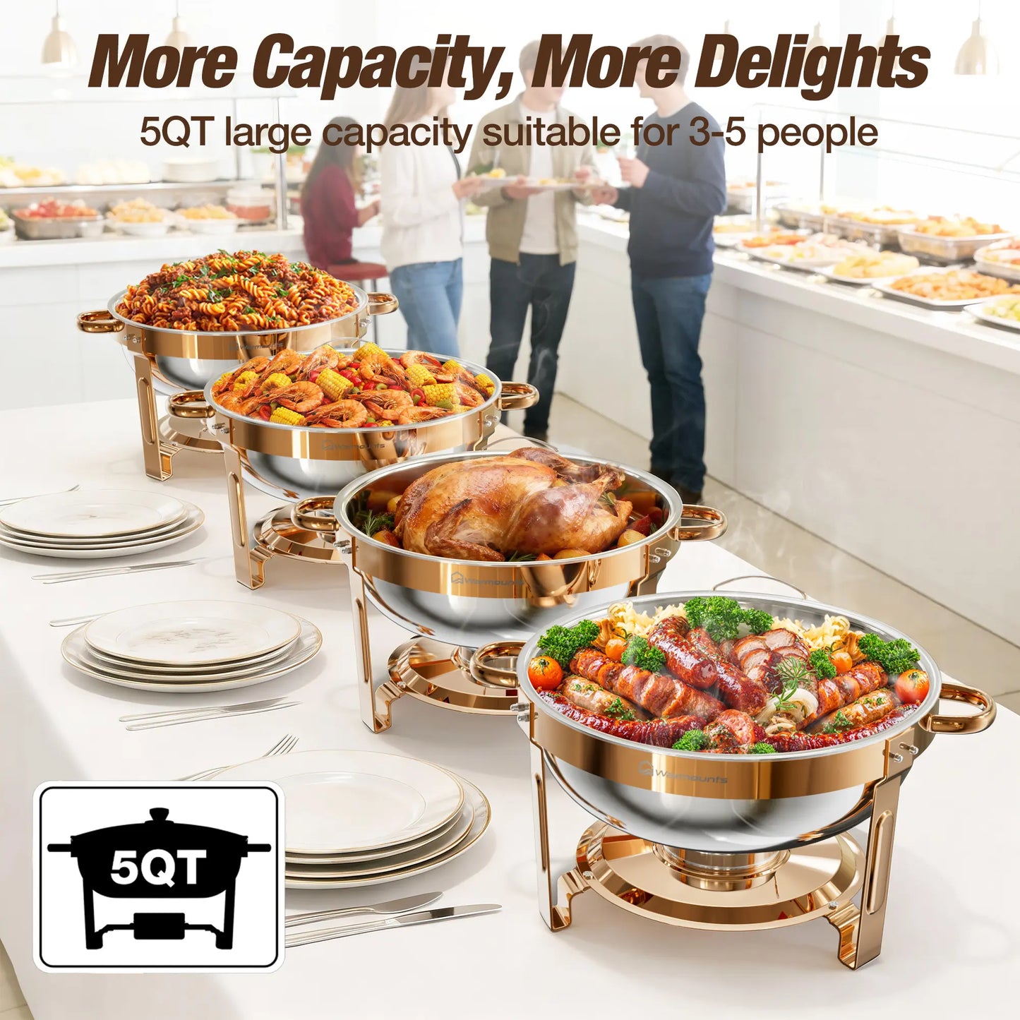 WARMOUNTS 5QT Rose Gold Chafing Dishes for Buffet with Glass Lid , round Chafers and Buffet Warmers Set with Mirror-Polished Stainless Steel, Rolled Rim, Stackable, Lid Holder for Parties, Weddings(2/4 Pack）