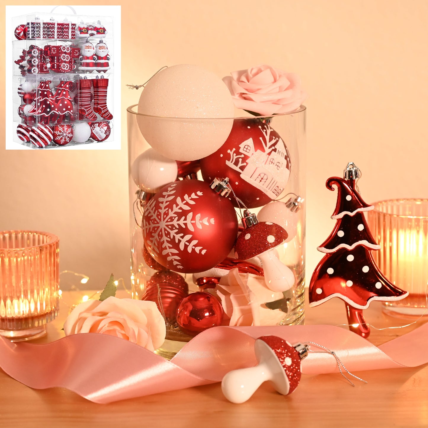 155Ct Christmas Ornaments Set, Red White Shatterproof Ornaments for Xmas Party Decor