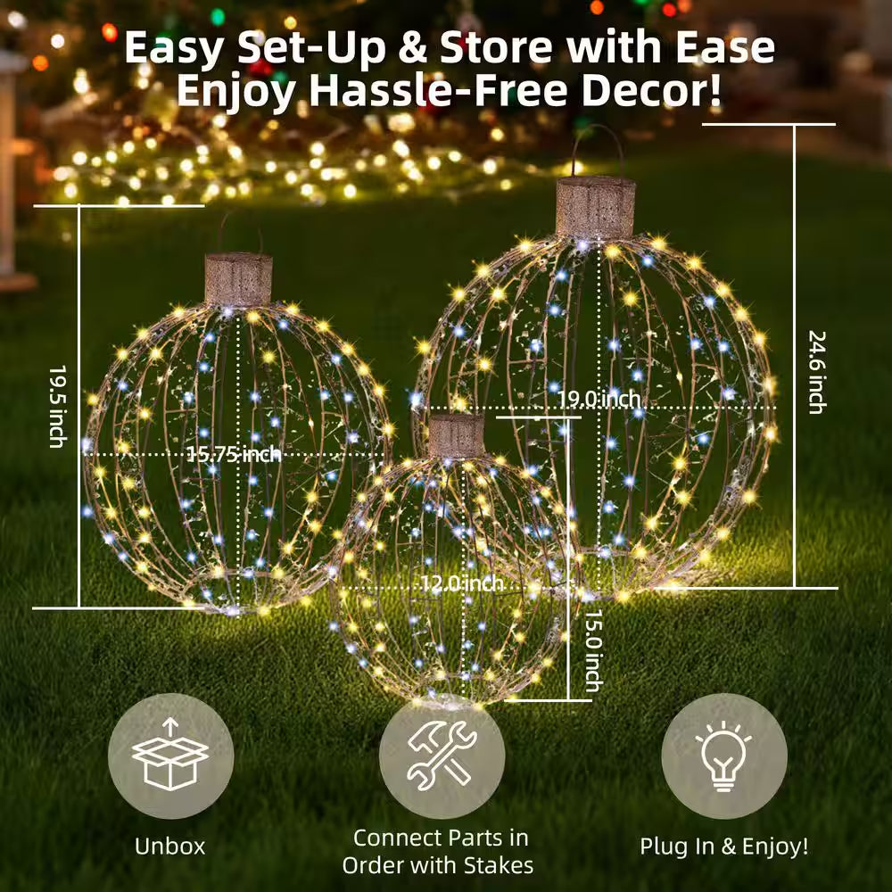 25 In. 3-Piece Outdoor Christmas Decoration Ornaments Set Pre-Lit Balls with White LED Lights
