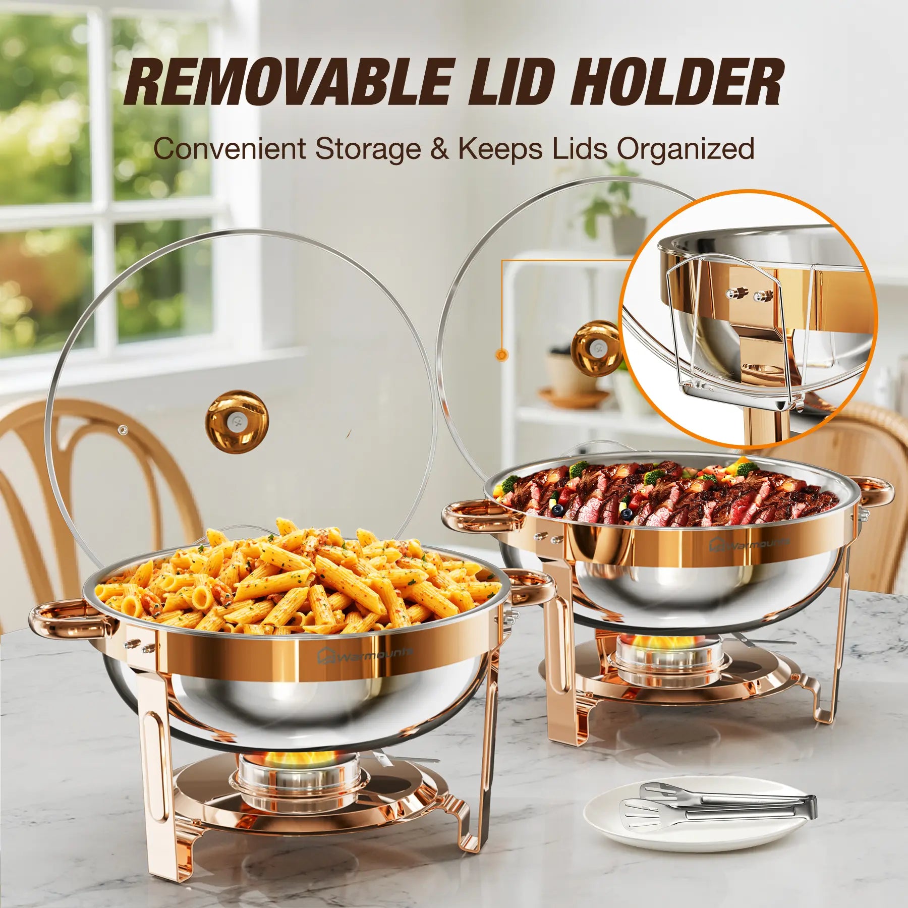 WARMOUNTS 5QT Rose Gold Chafing Dishes for Buffet with Glass Lid , round Chafers and Buffet Warmers Set with Mirror-Polished Stainless Steel, Rolled Rim, Stackable, Lid Holder for Parties, Weddings(2/4 Pack）