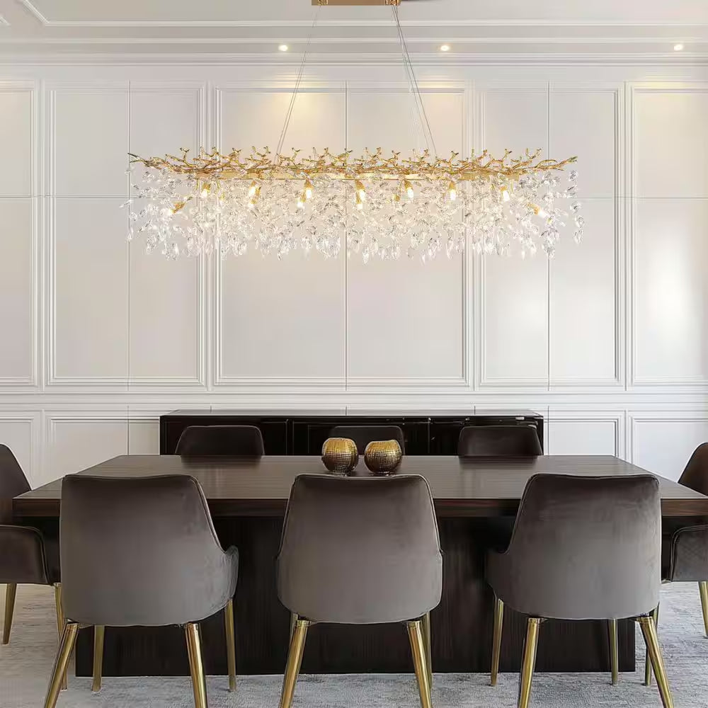 47.2 In. Modern 14-Lights Gold Luxury Crystal Linear Chandelier for Dining Room
