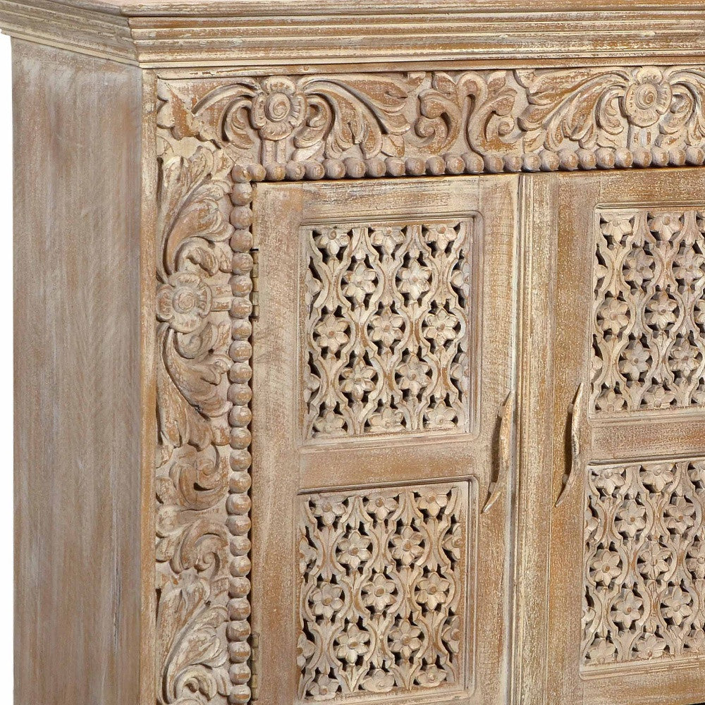 76" Antiqued White Distressed Solid Wood Carved Floral Sideboard with Four Doors-3