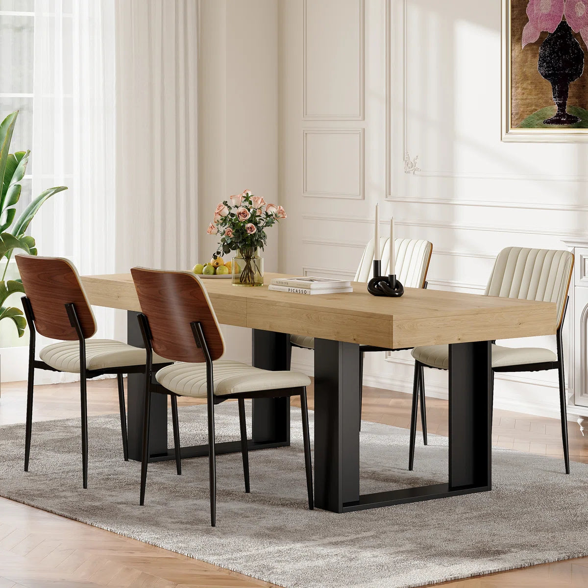 4 - Person Dining Table Sets With Rectangular Extendable Dining Table & 4 Upholstered Chairs