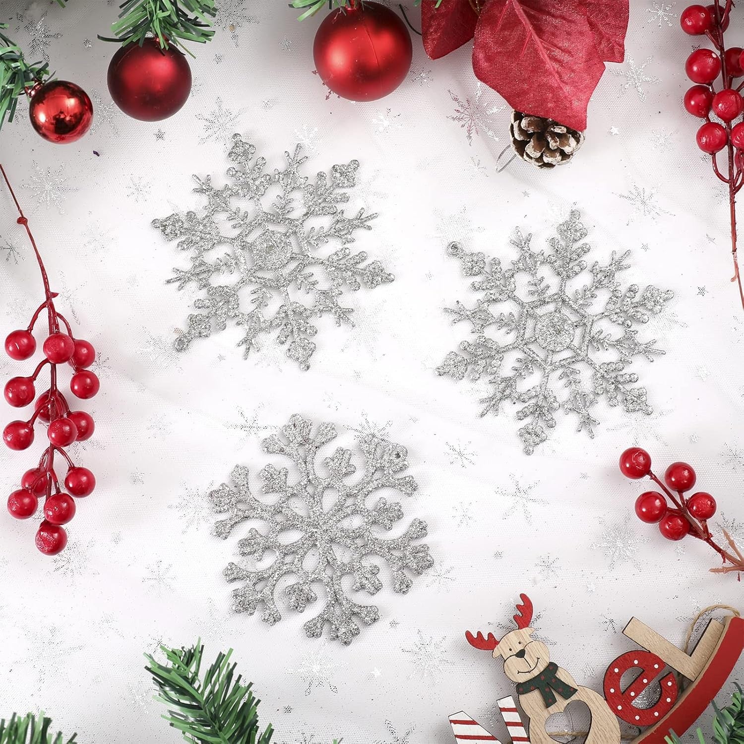 30PCS Christmas Glitter Snowflake Ornaments Plastic Snowflakes Ornaments-Xmas Tree Decorations,4.7-Inch(Silver)