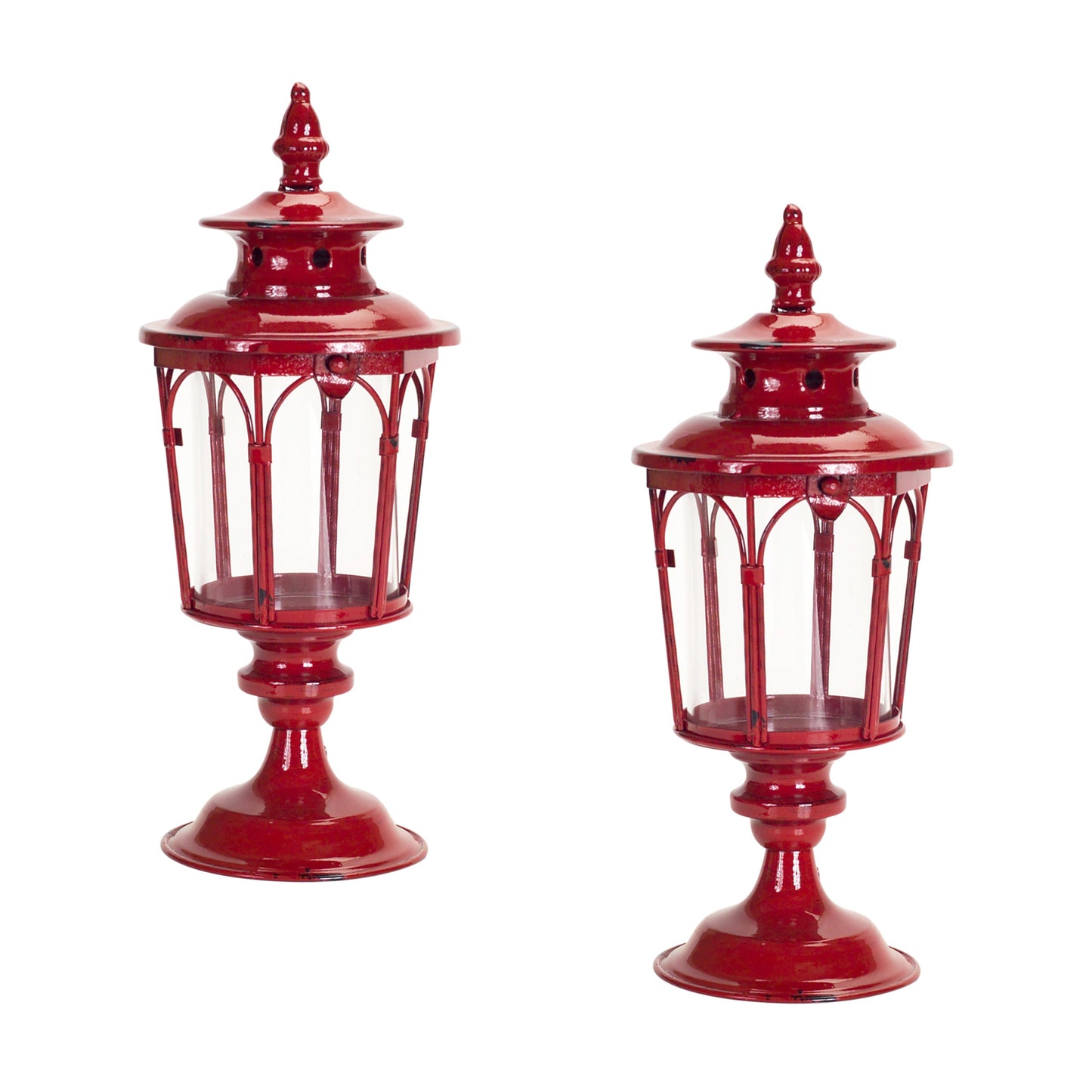 Set of Two Red Distressed Ornate Glass And Metal Tabletop Lantern Candle Holders-1