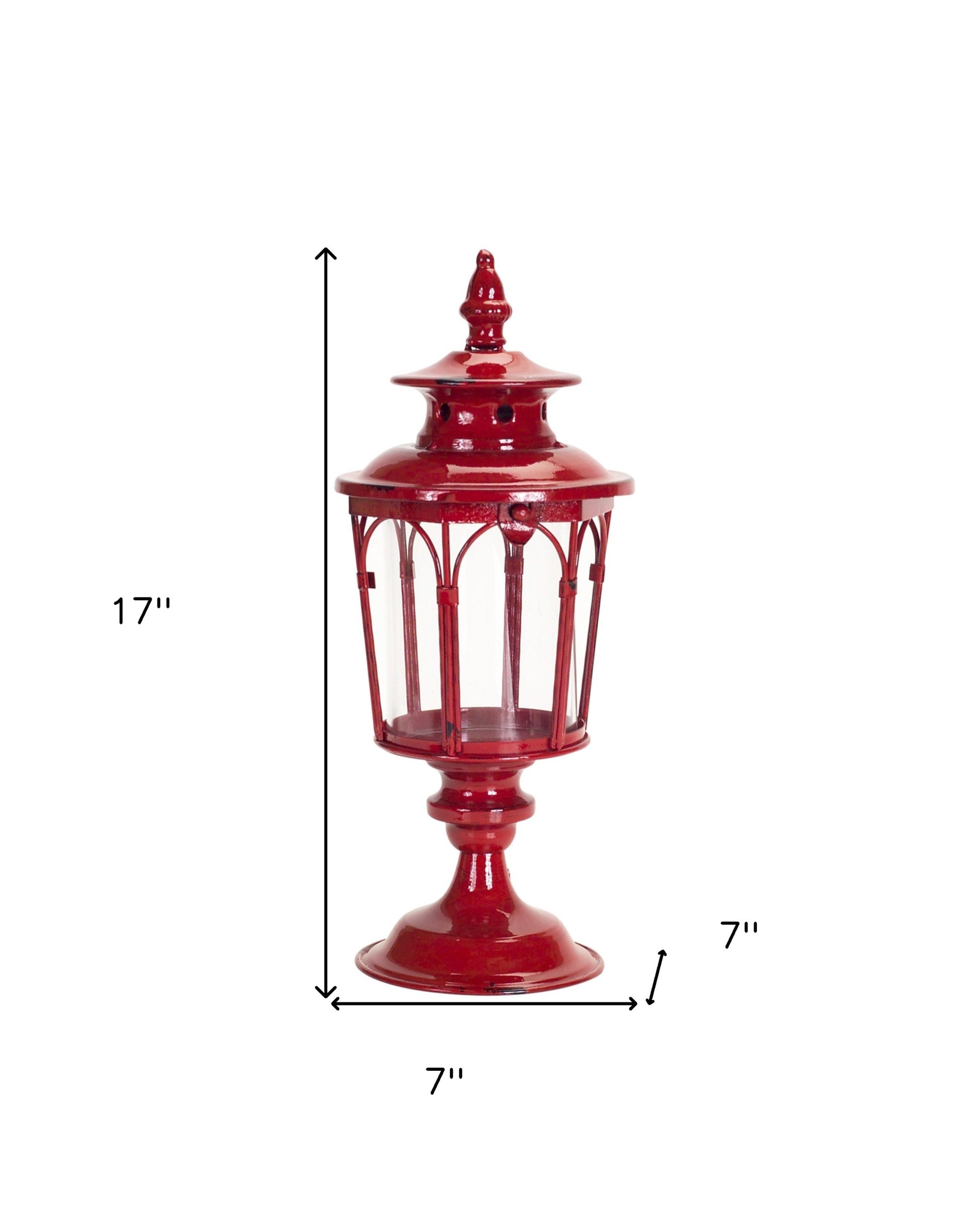 Set of Two Red Distressed Ornate Glass And Metal Tabletop Lantern Candle Holders-7