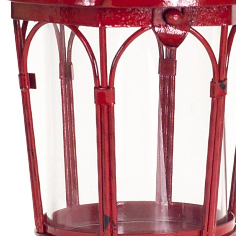 Set of Two Red Distressed Ornate Glass And Metal Tabletop Lantern Candle Holders-5