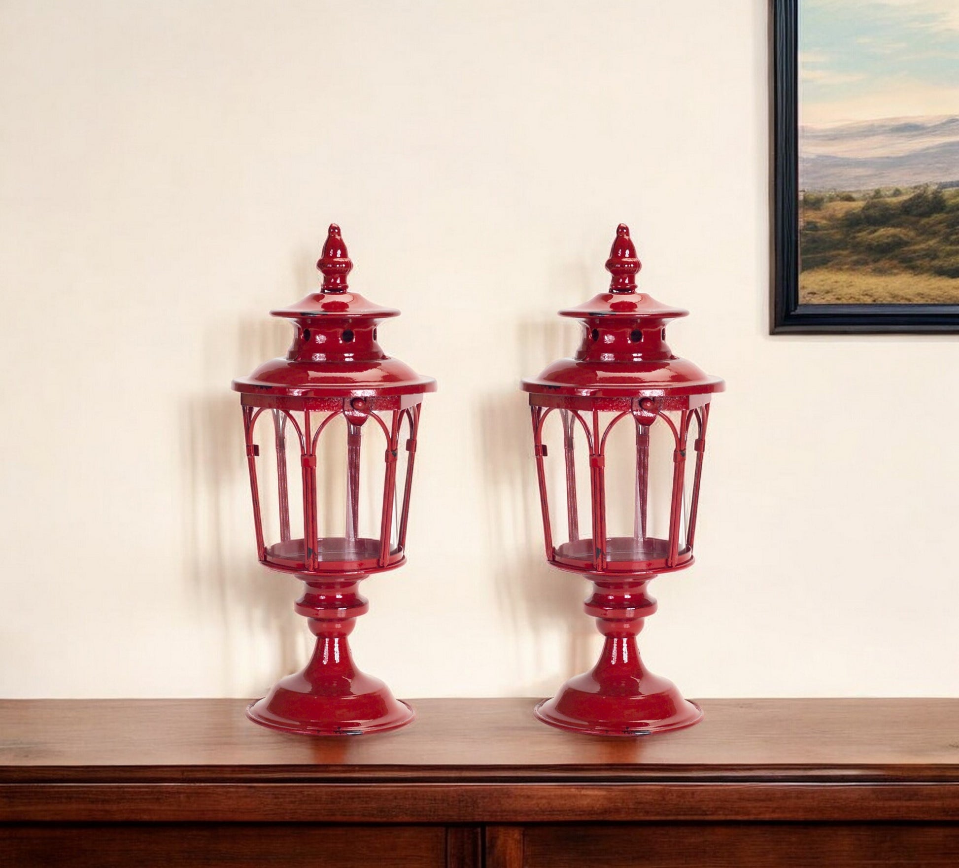 Set of Two Red Distressed Ornate Glass And Metal Tabletop Lantern Candle Holders-0