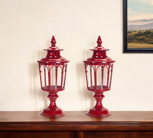 Set of Two Red Distressed Ornate Glass And Metal Tabletop Lantern Candle Holders-0