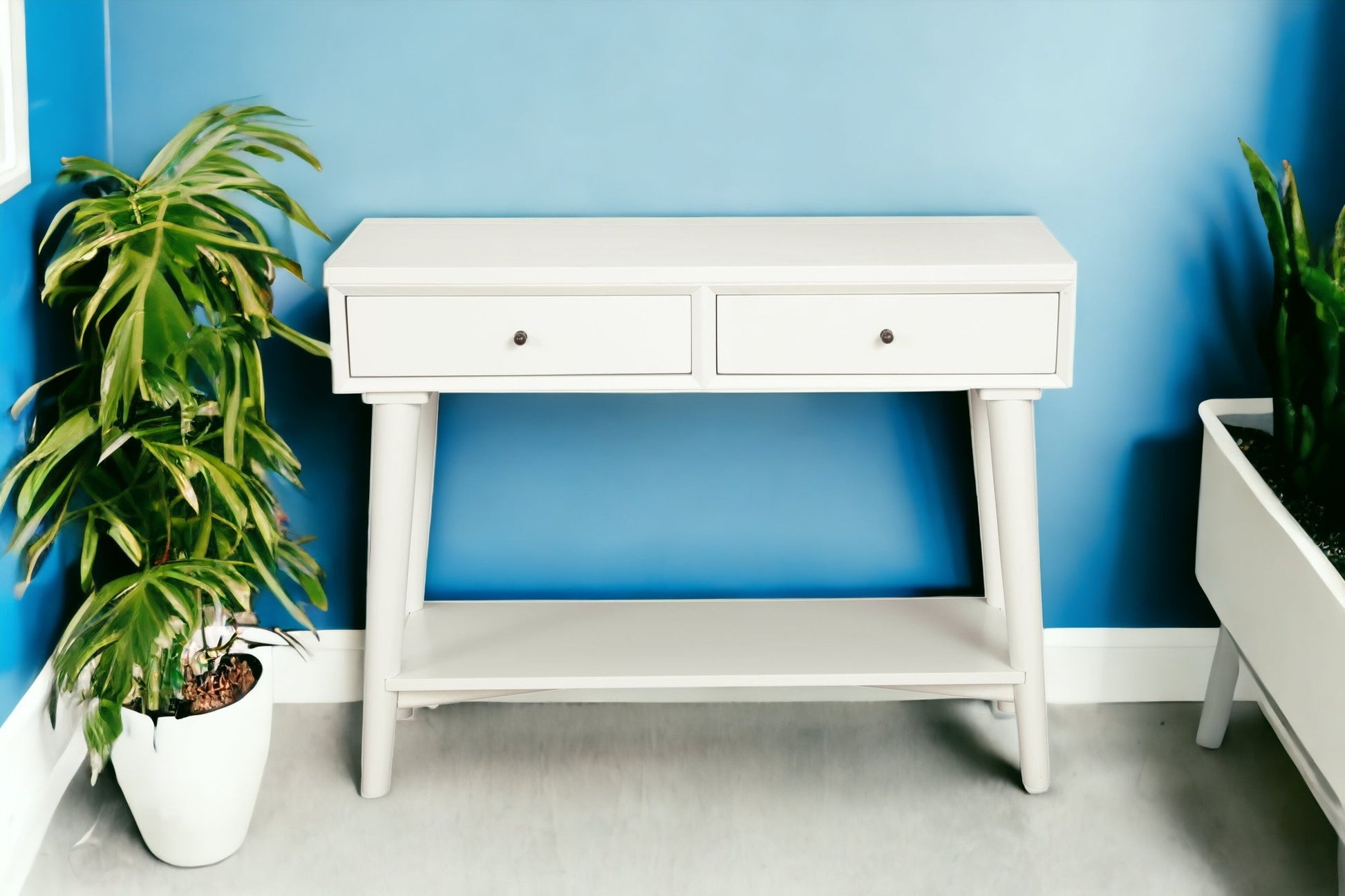 42" White Solid Wood Console Table With Shelves And Drawers-2
