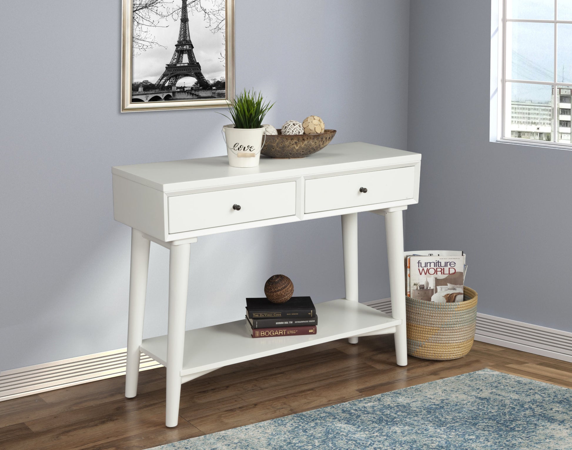 42" White Solid Wood Console Table With Shelves And Drawers-4