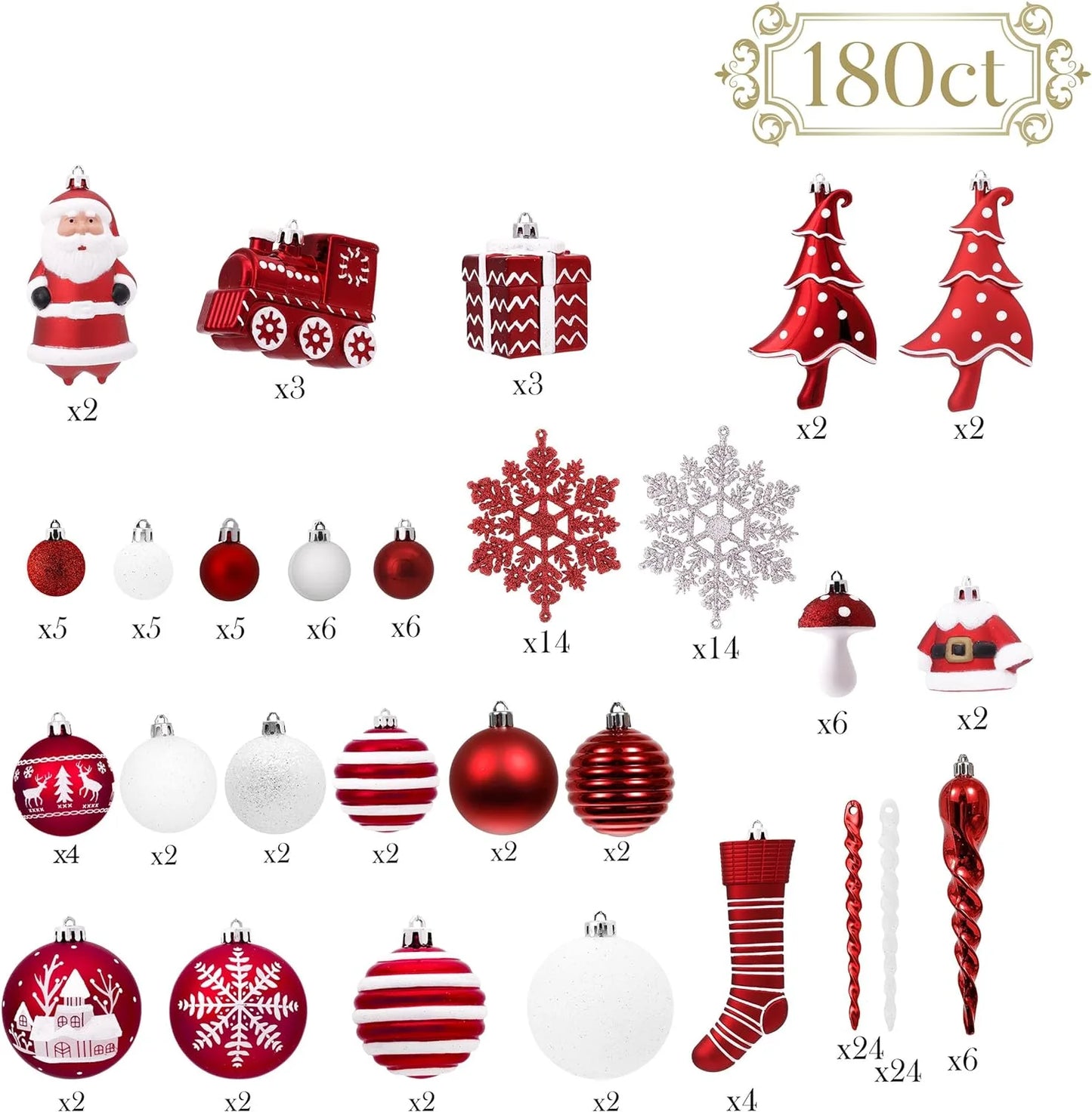 155Ct Christmas Ornaments Set, Red White Shatterproof Ornaments for Xmas Party Decor
