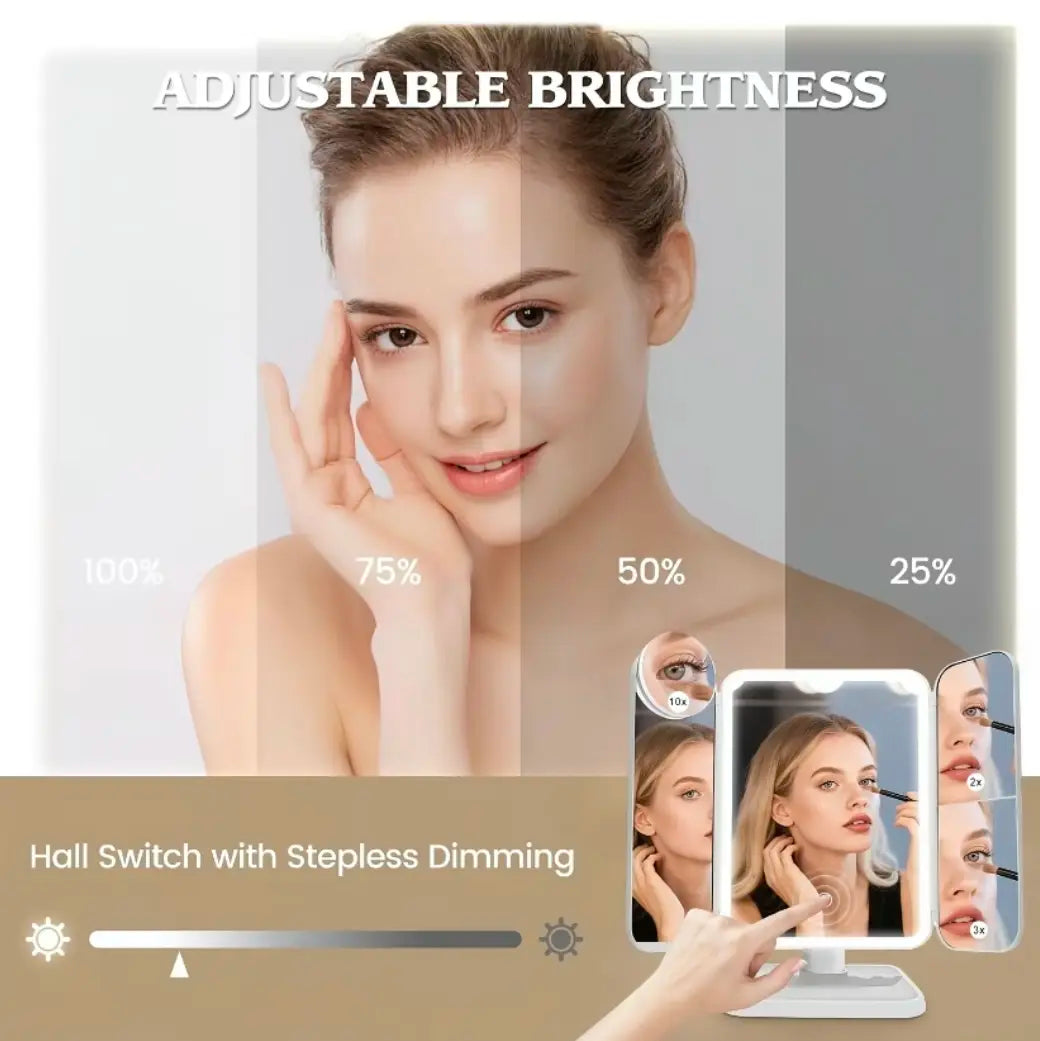 Portable LED Light Makeup Mirror, Lightedmakeup Mirror, Mirror with Lights, 3-Foldfoldable Rechargeable Mirror with 2X 3X &10X Magnification, Touch Control Mirror Fortravel & Bedroom Use, Rechargeable Trifoldmirror
