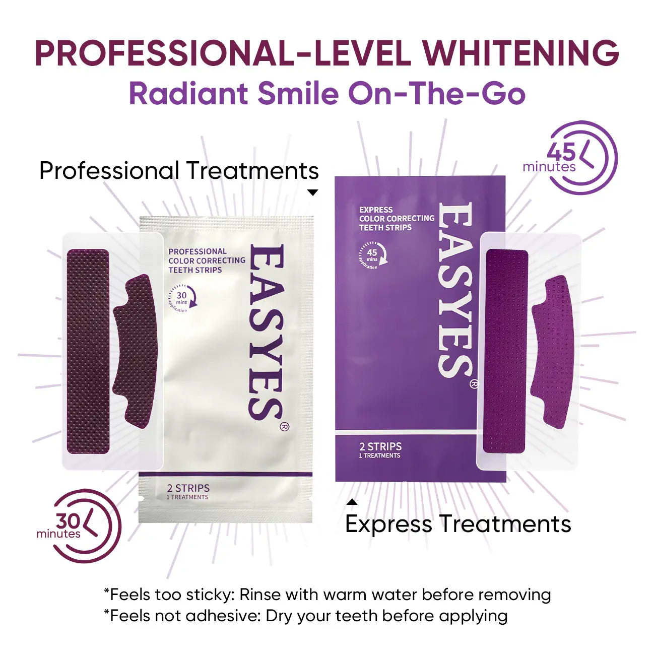 【Y】Easyes Purple Non-Slip Teeth Whitening Strips - Enamel Safe & Sensitivity Free 7/14 Whitening Sessions Combining Whitening and Colour Correction Residue-Free Non-Slip Dry Strip Technology