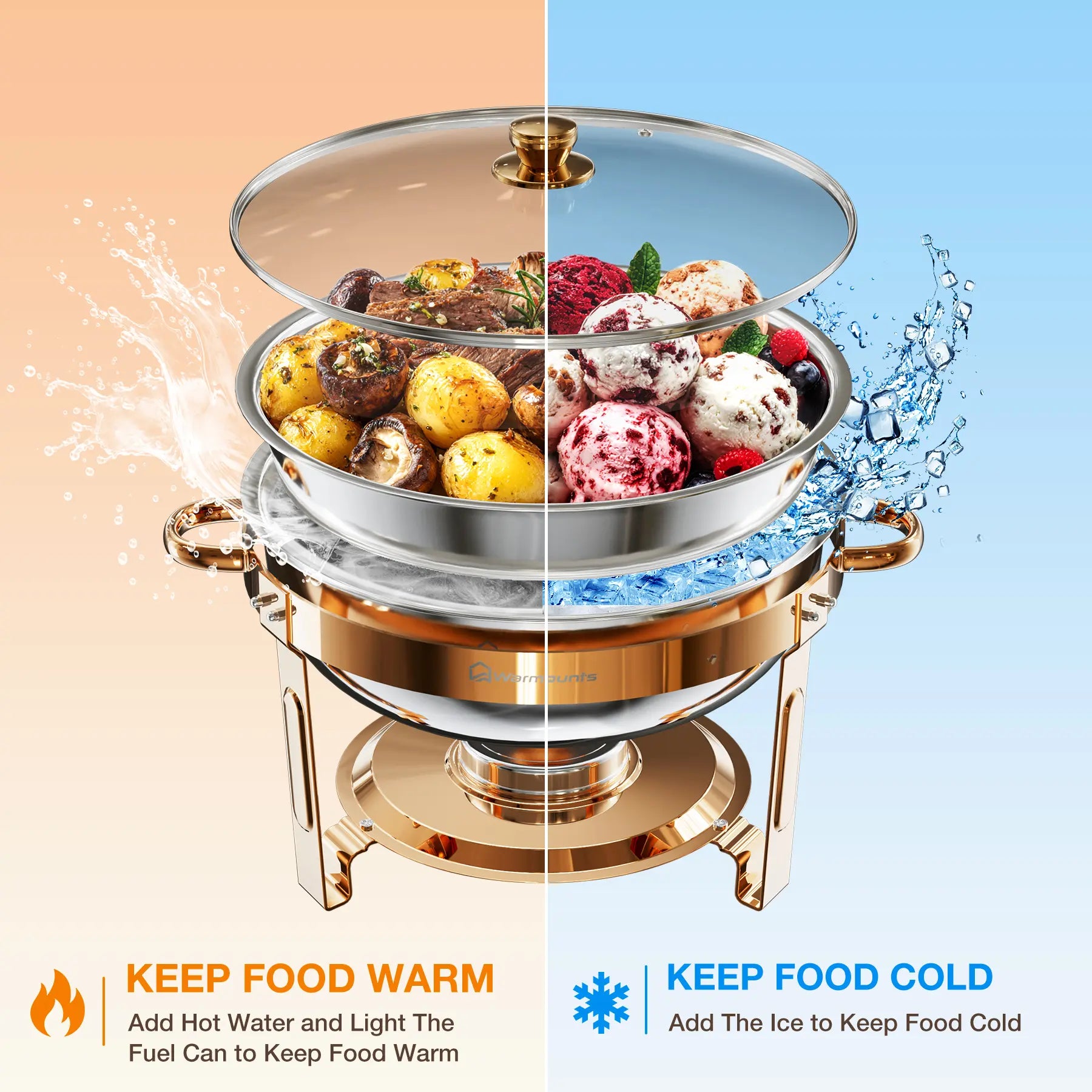 WARMOUNTS 5QT Rose Gold Chafing Dishes for Buffet with Glass Lid , round Chafers and Buffet Warmers Set with Mirror-Polished Stainless Steel, Rolled Rim, Stackable, Lid Holder for Parties, Weddings(2/4 Pack）