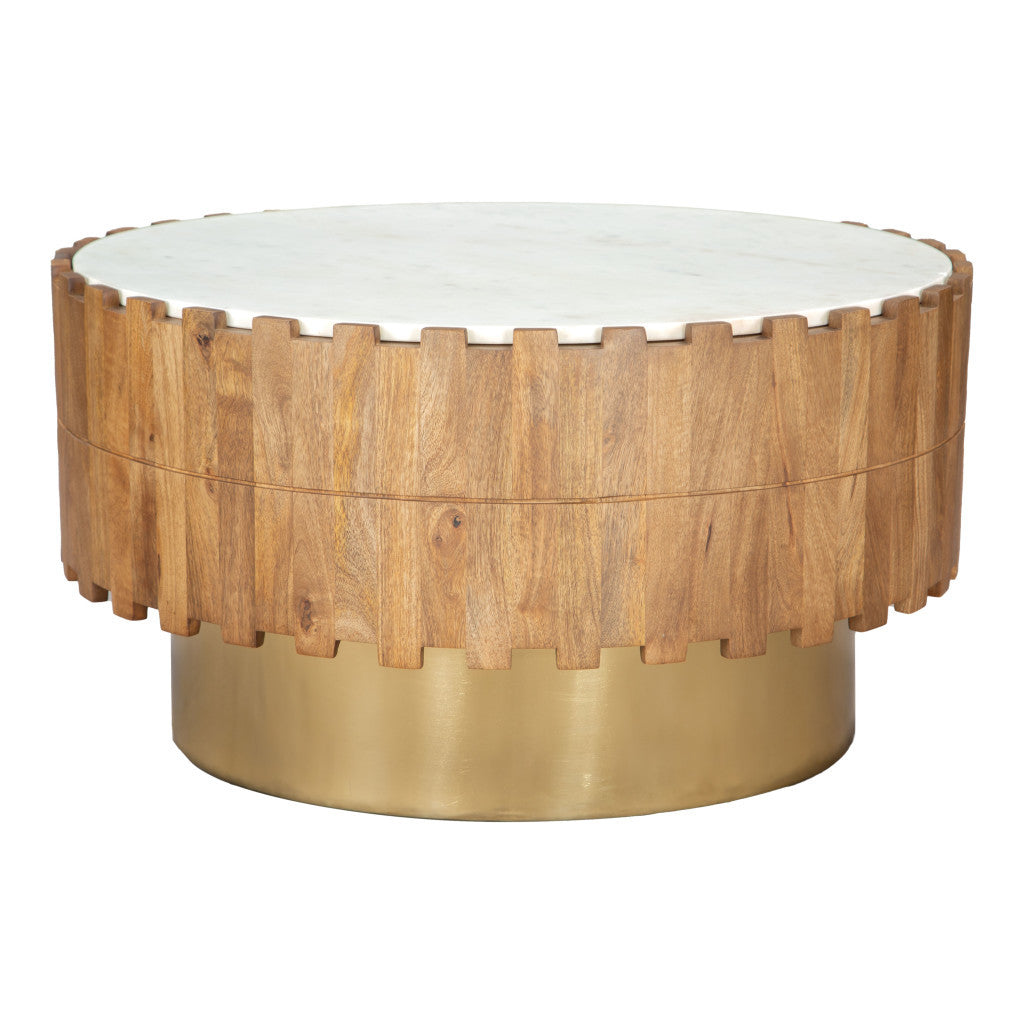 Gold Natural and White Iron Wood with Faux Marble Round Block Coffee Table