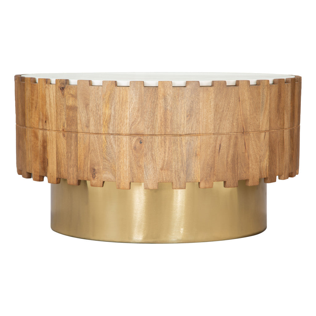 Gold Natural and White Iron Wood with Faux Marble Round Block Coffee Table