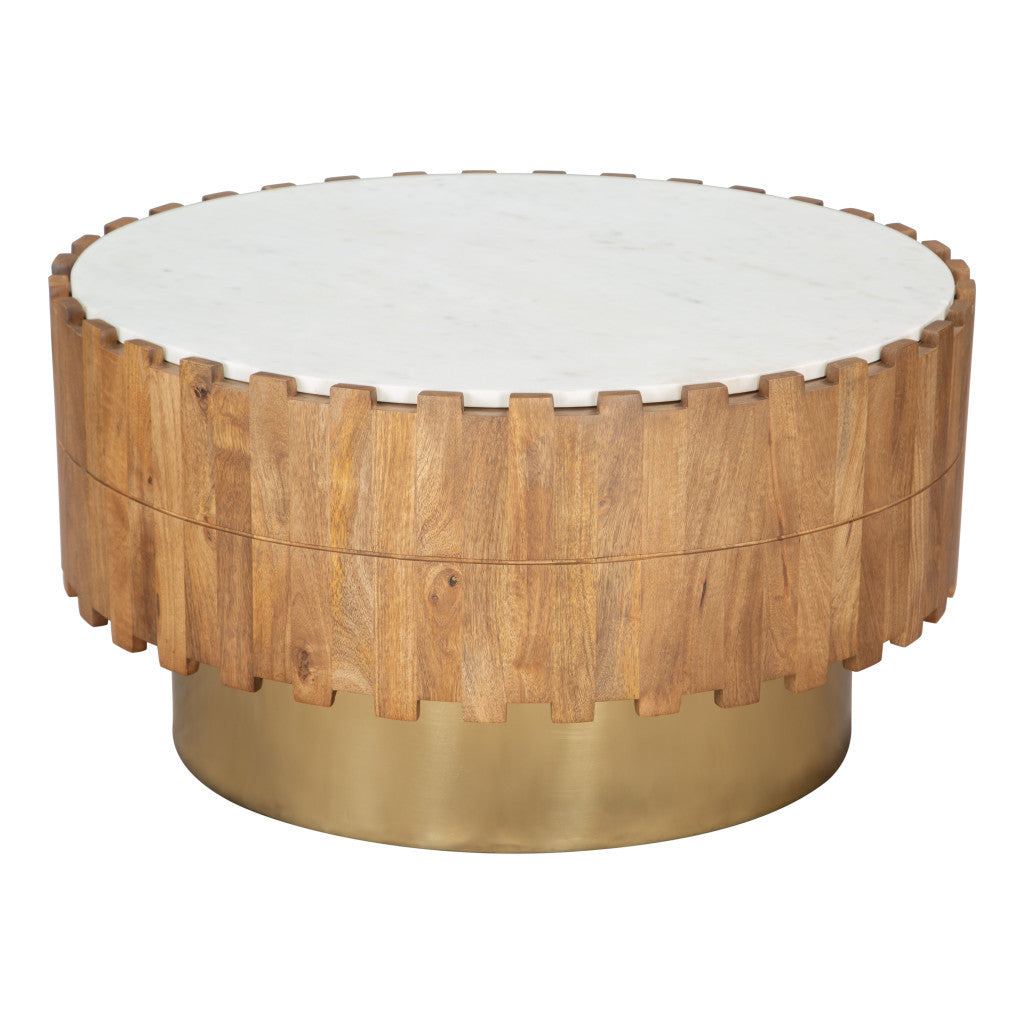 Gold Natural and White Iron Wood with Faux Marble Round Block Coffee Table
