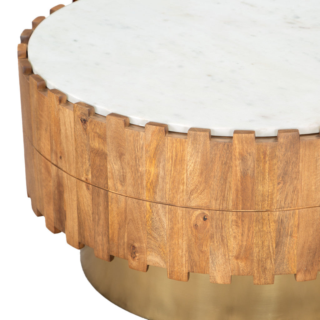 Gold Natural and White Iron Wood with Faux Marble Round Block Coffee Table