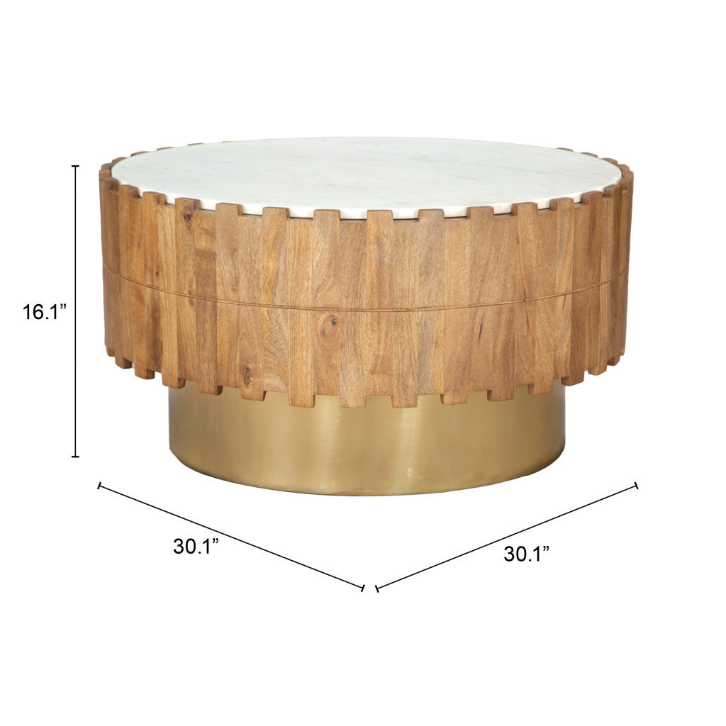 Gold Natural and White Iron Wood with Faux Marble Round Block Coffee Table