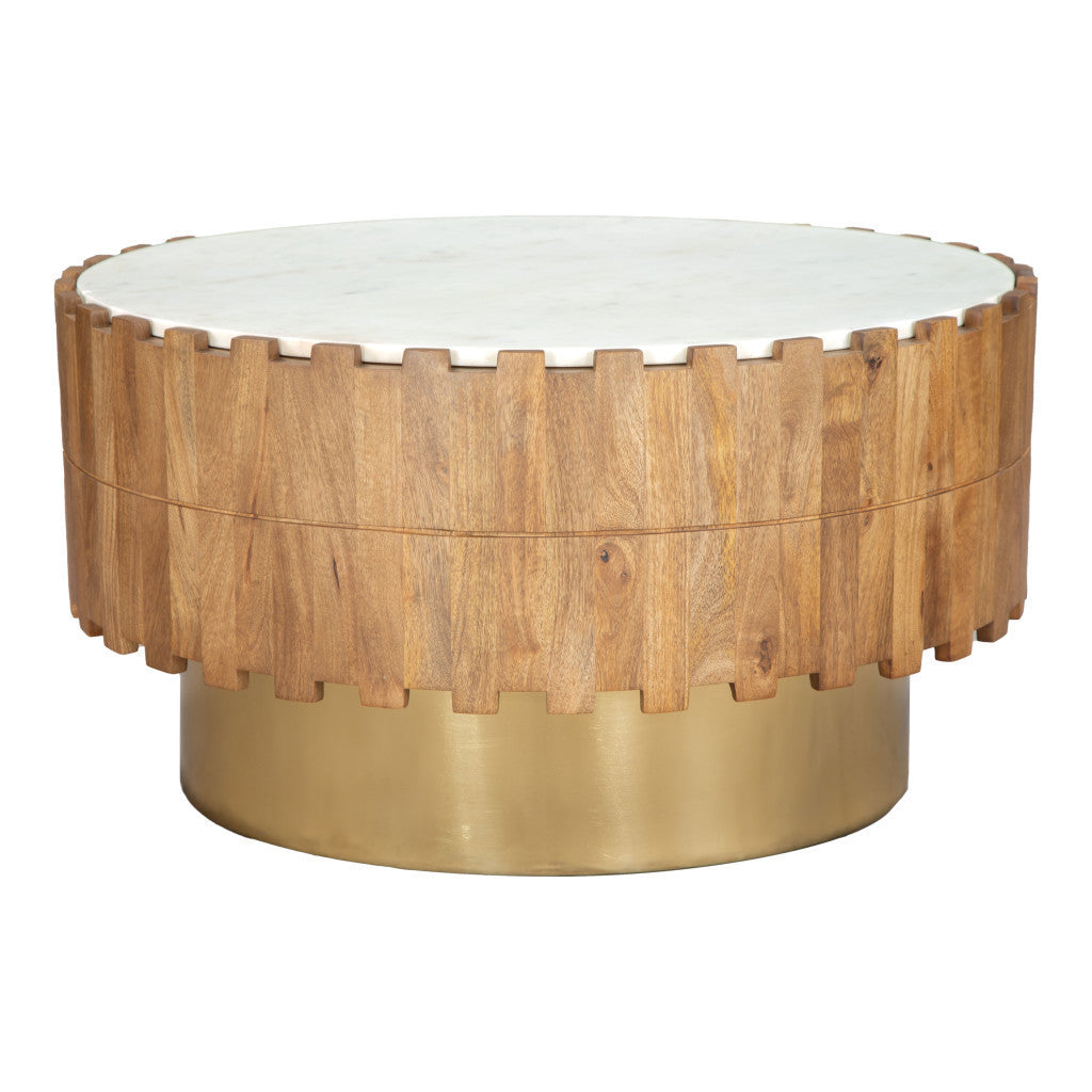 Gold Natural and White Iron Wood with Faux Marble Round Block Coffee Table