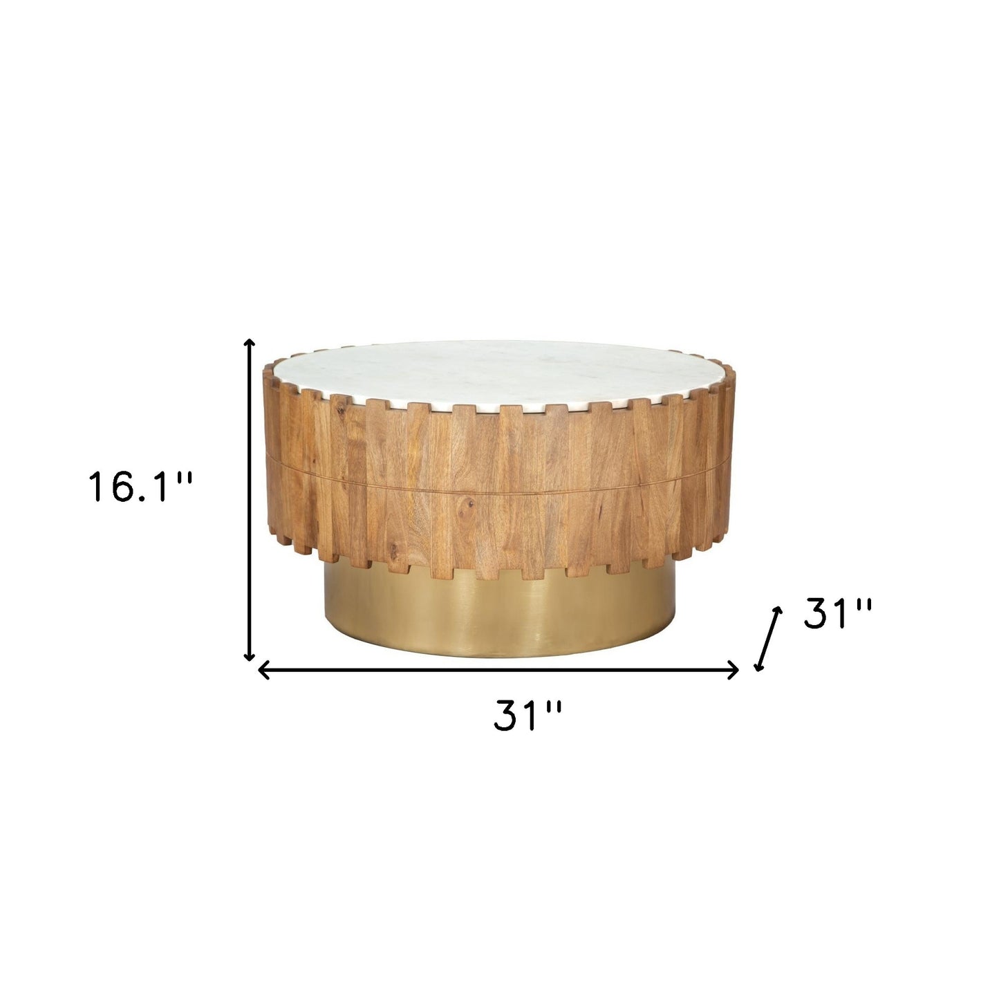 Gold Natural and White Iron Wood with Faux Marble Round Block Coffee Table