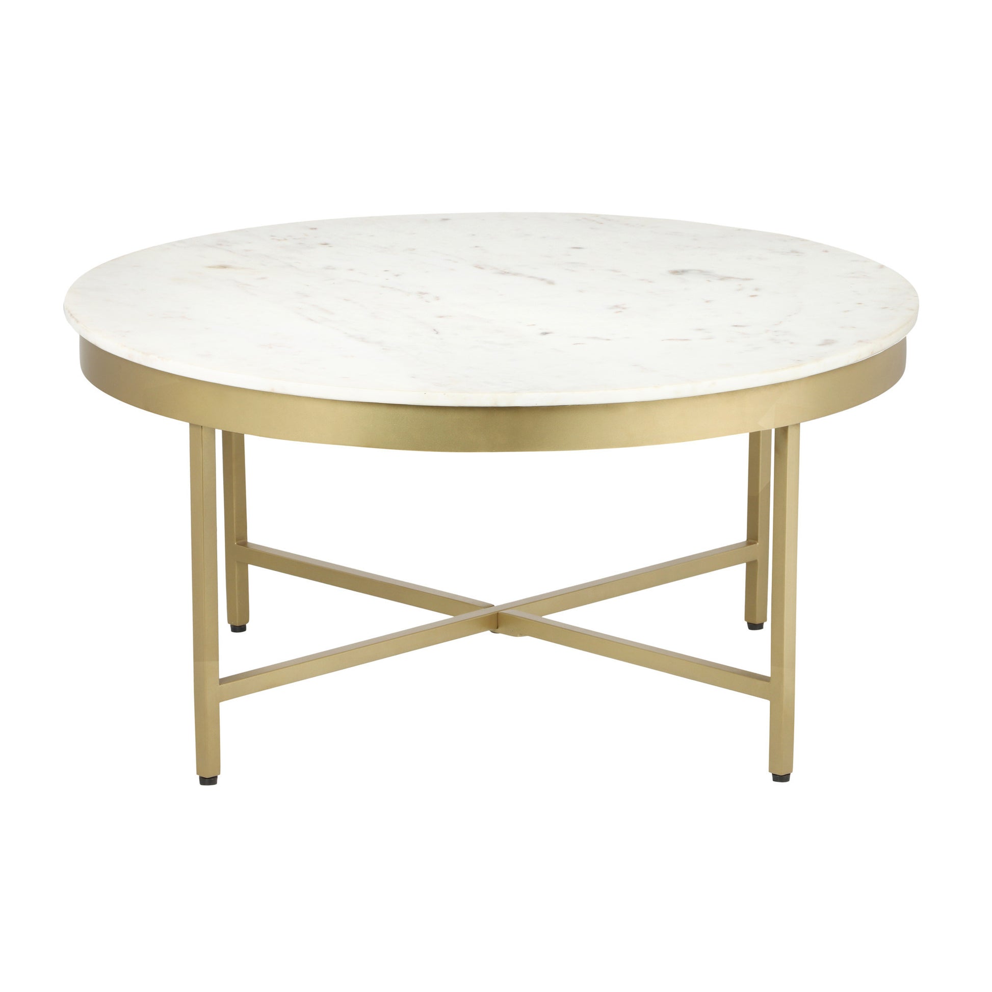 36" White And Gold Genuine Marble And Steel Round Coffee Table-4