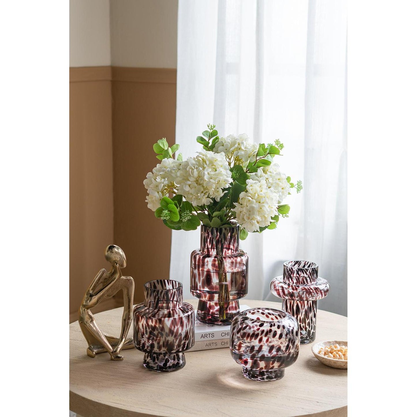 Clear Burgundy and Black Abstract Cylinder Glass Table Vase