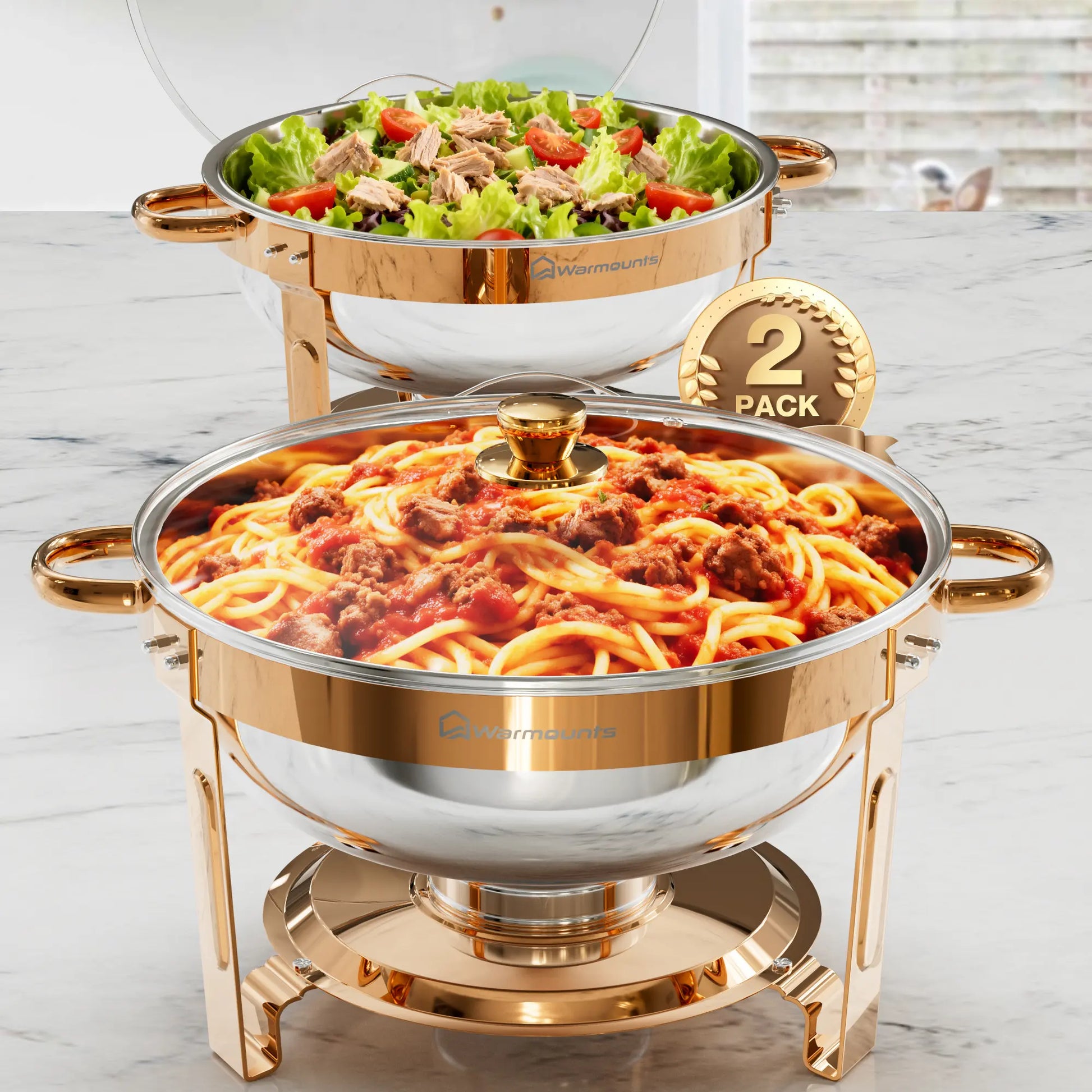 WARMOUNTS 5QT Rose Gold Chafing Dishes for Buffet with Glass Lid , round Chafers and Buffet Warmers Set with Mirror-Polished Stainless Steel, Rolled Rim, Stackable, Lid Holder for Parties, Weddings(2/4 Pack）