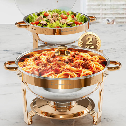 WARMOUNTS 5QT Rose Gold Chafing Dishes for Buffet with Glass Lid , round Chafers and Buffet Warmers Set with Mirror-Polished Stainless Steel, Rolled Rim, Stackable, Lid Holder for Parties, Weddings(2/4 Pack）