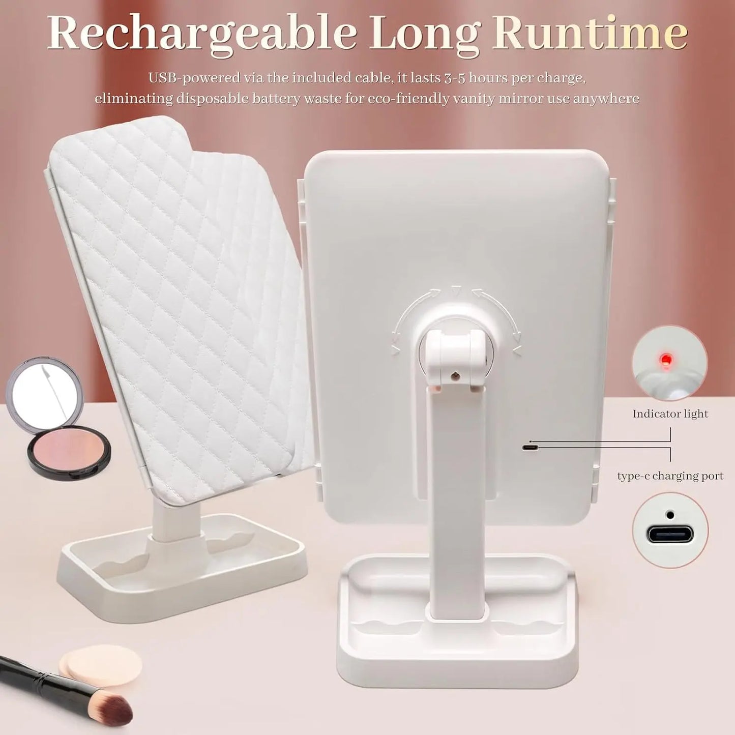 Portable LED Light Makeup Mirror, Lightedmakeup Mirror, Mirror with Lights, 3-Foldfoldable Rechargeable Mirror with 2X 3X &10X Magnification, Touch Control Mirror Fortravel & Bedroom Use, Rechargeable Trifoldmirror