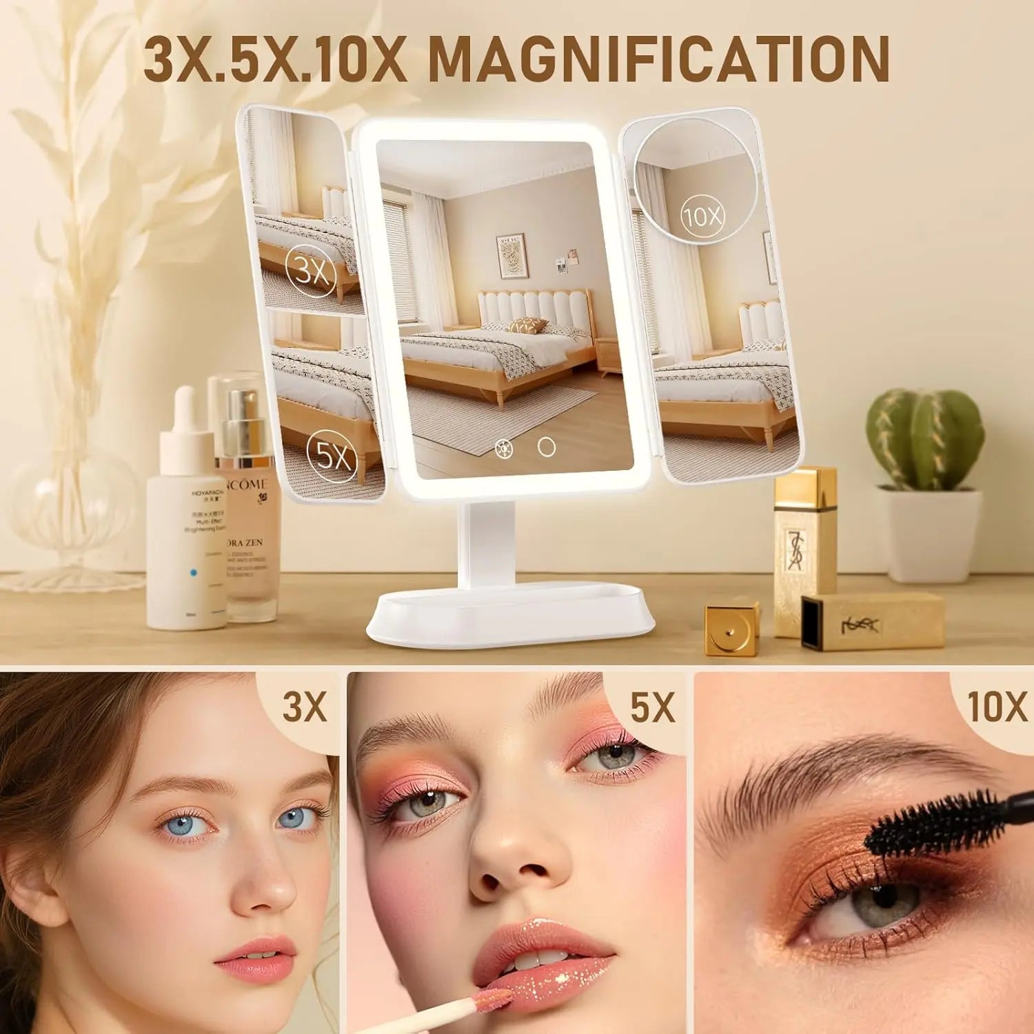 Portable LED Light Makeup Mirror, Lightedmakeup Mirror, Mirror with Lights, 3-Foldfoldable Rechargeable Mirror with 2X 3X &10X Magnification, Touch Control Mirror Fortravel & Bedroom Use, Rechargeable Trifoldmirror