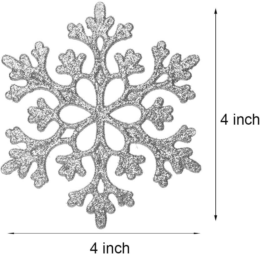 36 Pack Silver Glitter Snowflake Ornaments, Plastic Christmas Glitter Snowflake Winter Wonderland Christmas Tree Decorations, 4 Inch, Silver