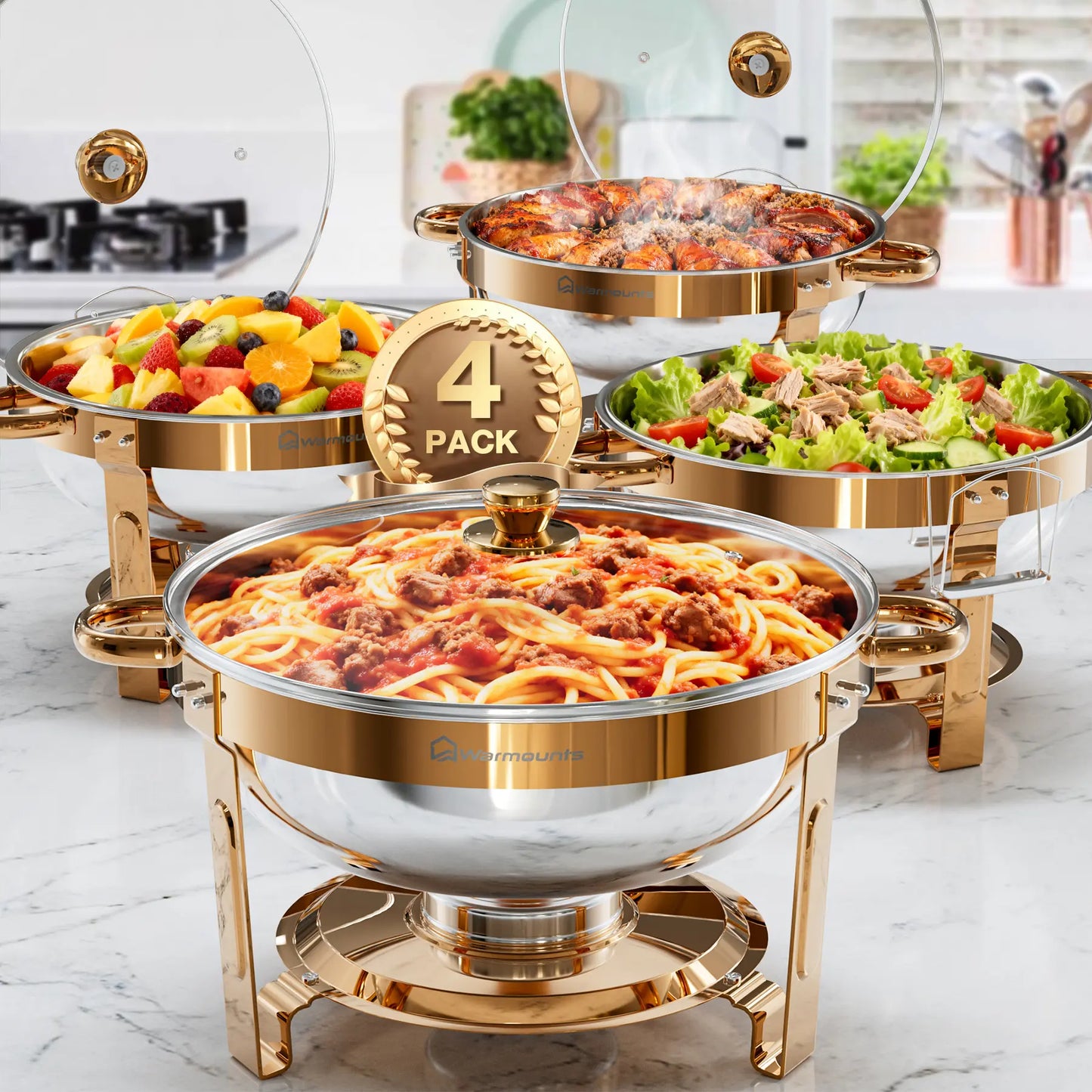 WARMOUNTS 5QT Rose Gold Chafing Dishes for Buffet with Glass Lid , round Chafers and Buffet Warmers Set with Mirror-Polished Stainless Steel, Rolled Rim, Stackable, Lid Holder for Parties, Weddings(2/4 Pack）