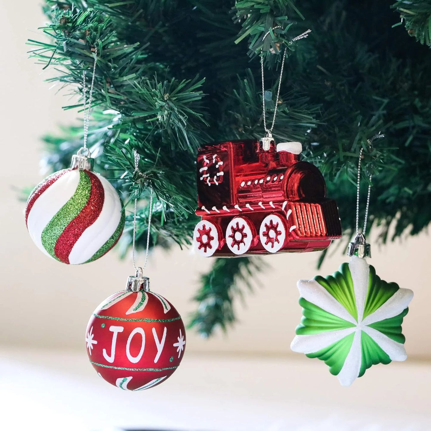 100Ct Christmas Ornaments Set, Red Green White Christmas Tree Ornaments for Party Decor
