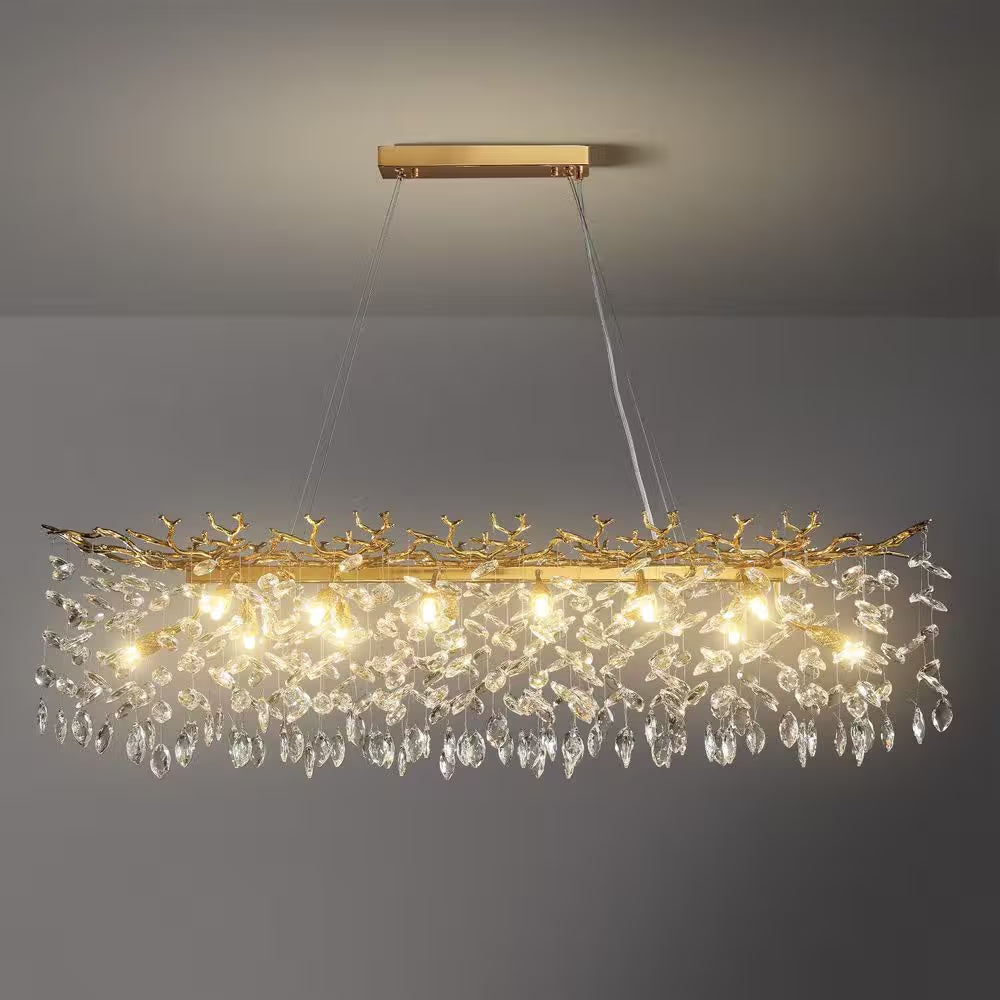 47.2 In. Modern 14-Lights Gold Luxury Crystal Linear Chandelier for Dining Room