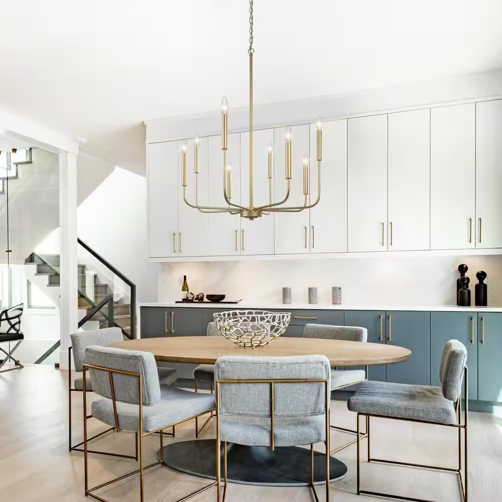 Modern Gold Candlestick Island Chandelier Transitional 8-Light Pale Brass Pendant Light for Kitchen Bedroom Dining Area