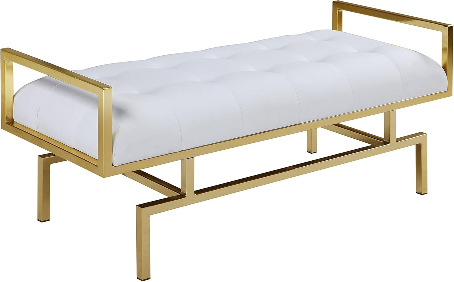 Bruno PU Leather Modern Contemporary Tufted Seating Goldtone Metal Leg Bench, White