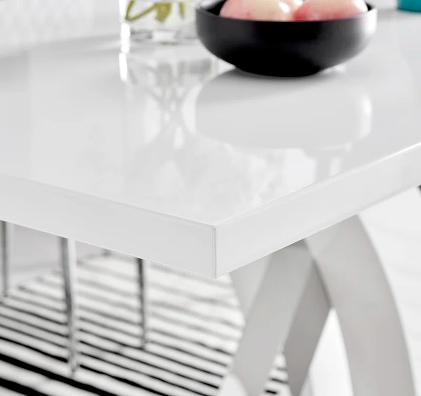 Edzard Chrome & White High Gloss Dining Table Set with 6 Luxury Faux Leather Dining Chairs